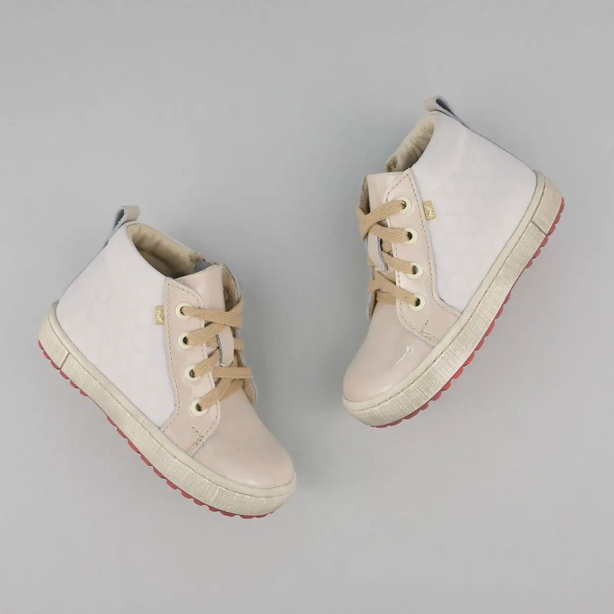 (2624C-1) Emel Beige Patent leather Lace Up Sneakers with zipper