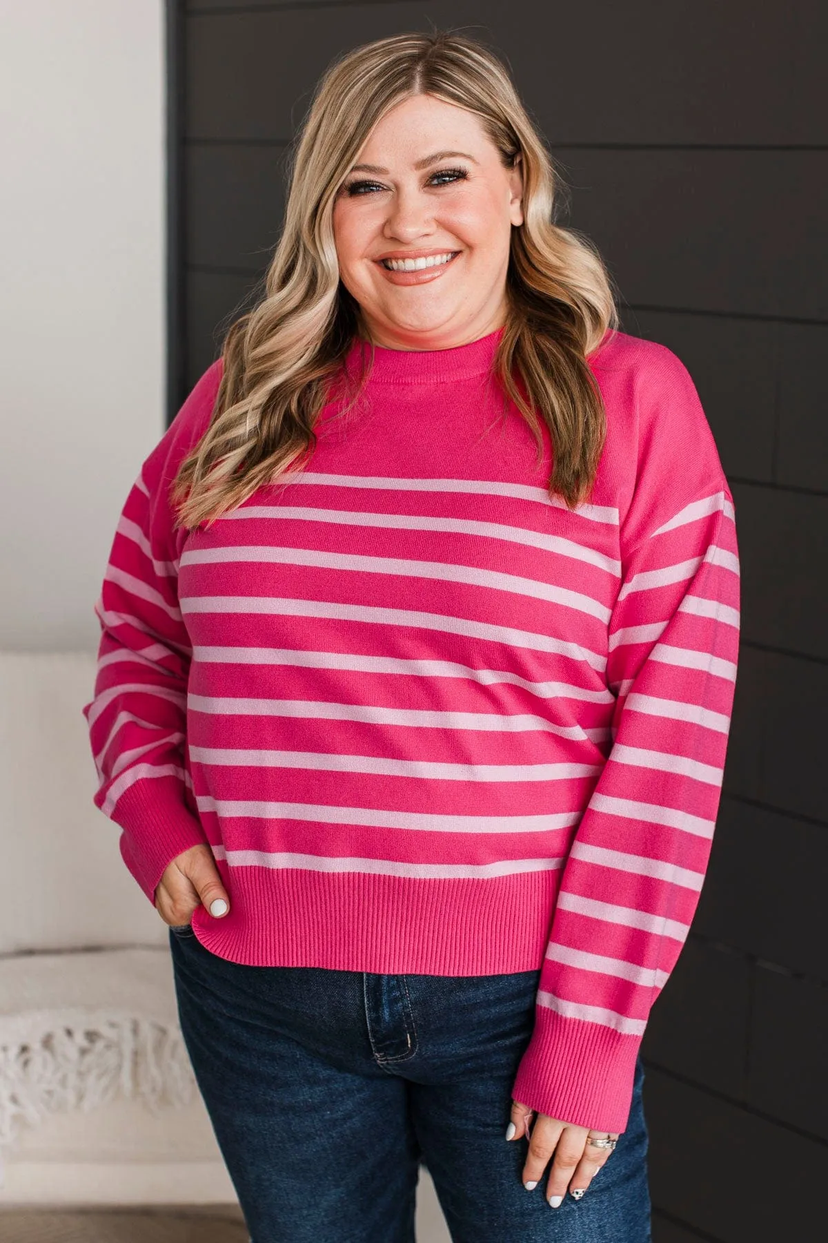 A Way With Words Striped Sweater- Fuchsia