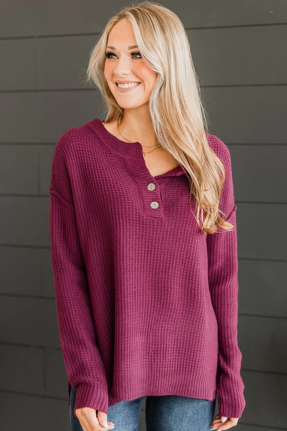 At This Point Knit Henley Sweater- Sangria