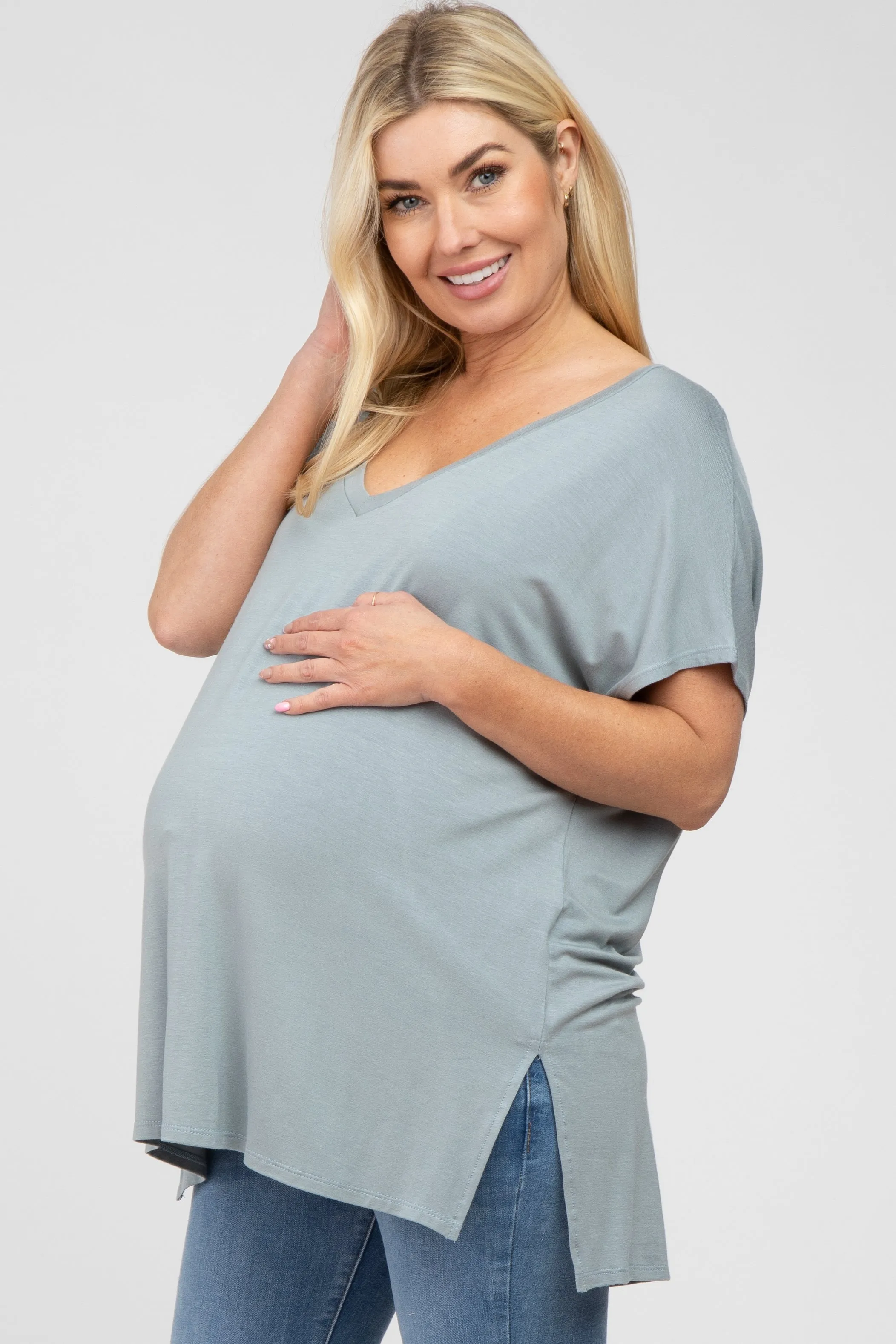 Blue V-Neck Oversized Maternity Short Sleeve Top