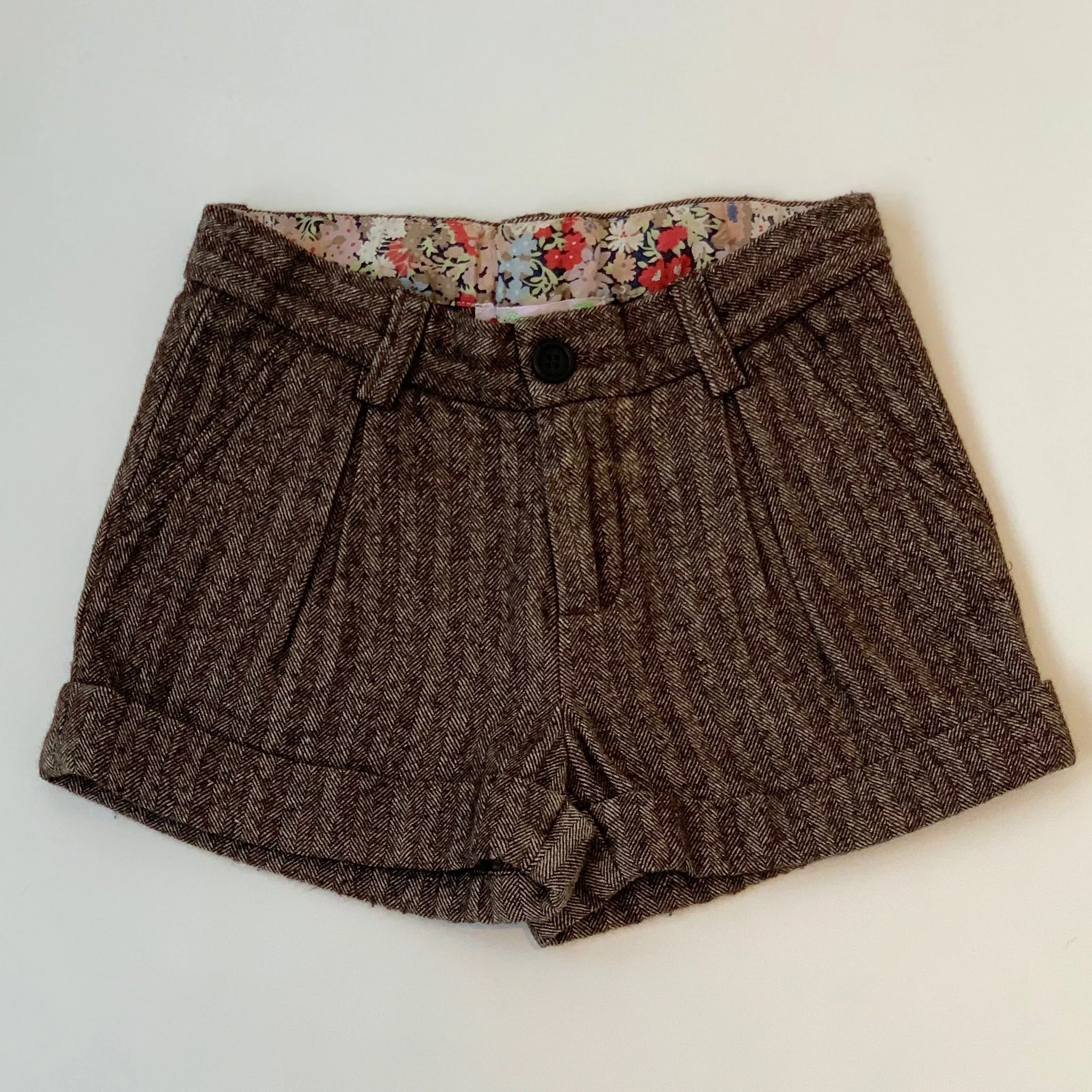 Bonpoint Brown Tweed Shorts With Liberty Print Trim: 4 Years