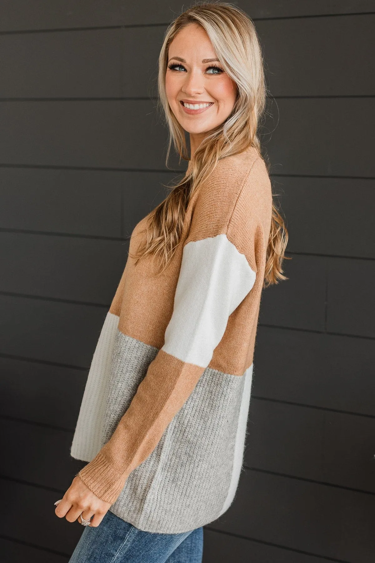 Casual Upgrade Color Block Sweater- Camel & Grey