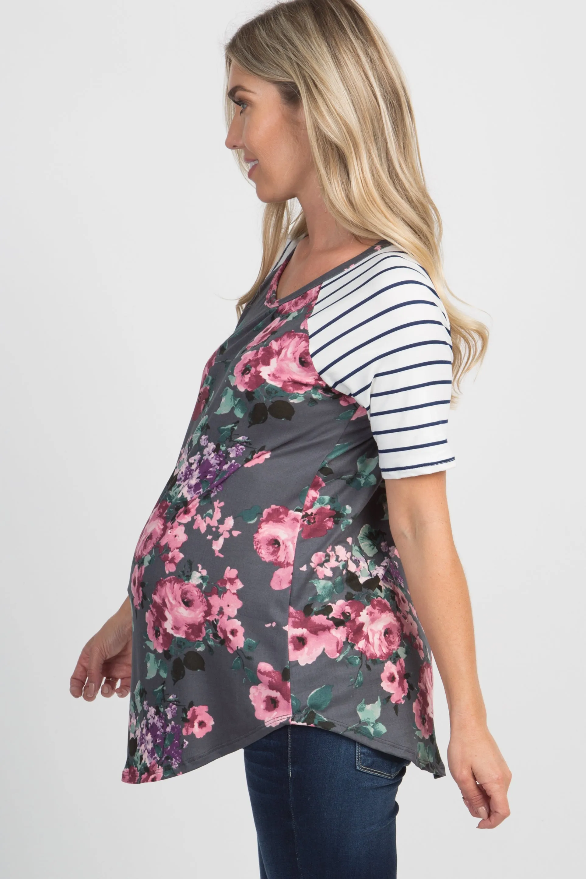 Charcoal Floral Colorblock Striped Maternity Top