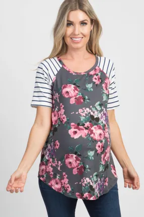 Charcoal Floral Colorblock Striped Maternity Top