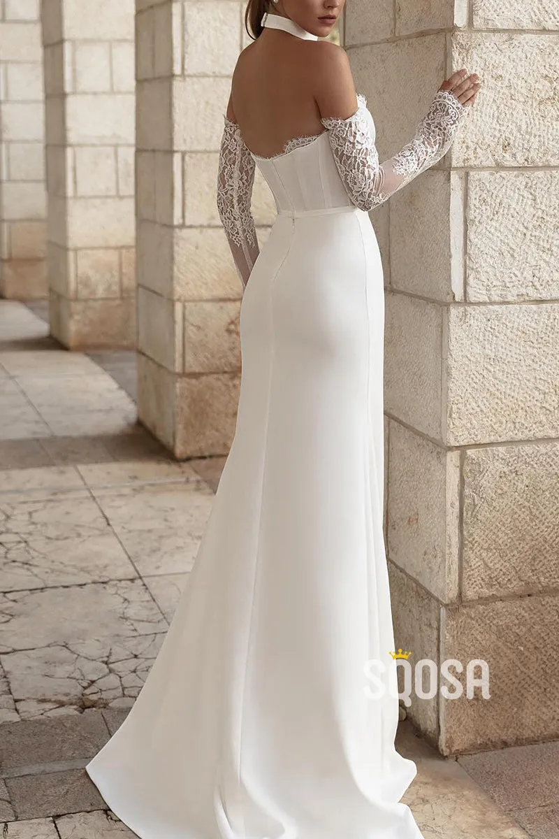 Chic Bateau Trumpet Lace Long Sleeve Beach Wedding Dress QW8136