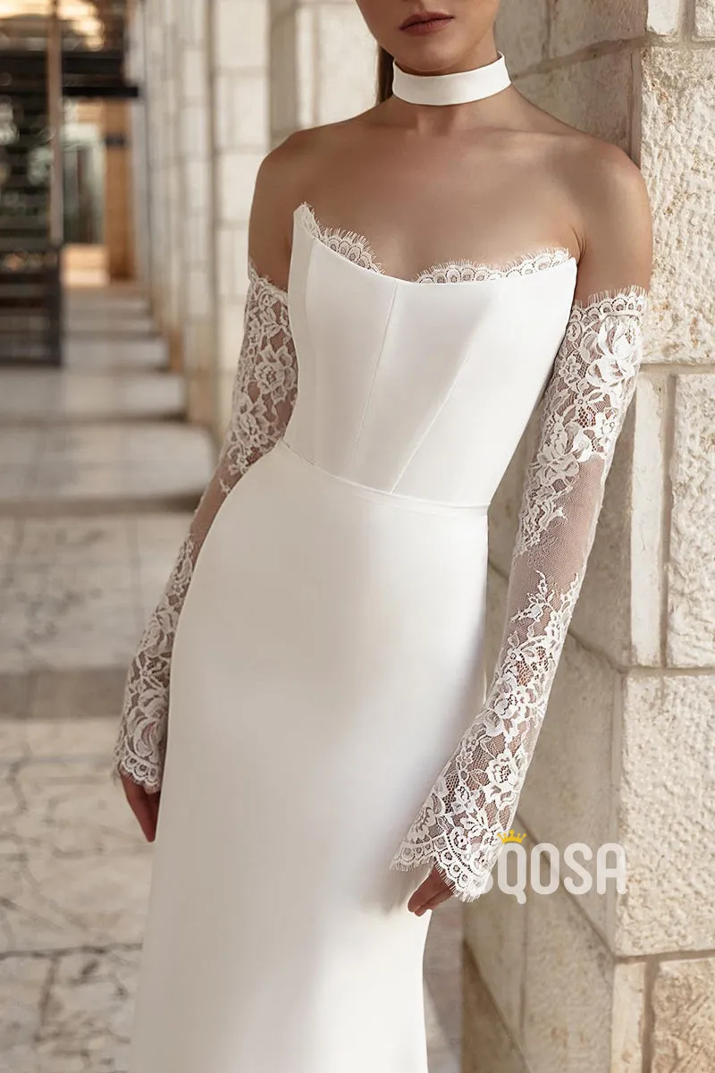 Chic Bateau Trumpet Lace Long Sleeve Beach Wedding Dress QW8136