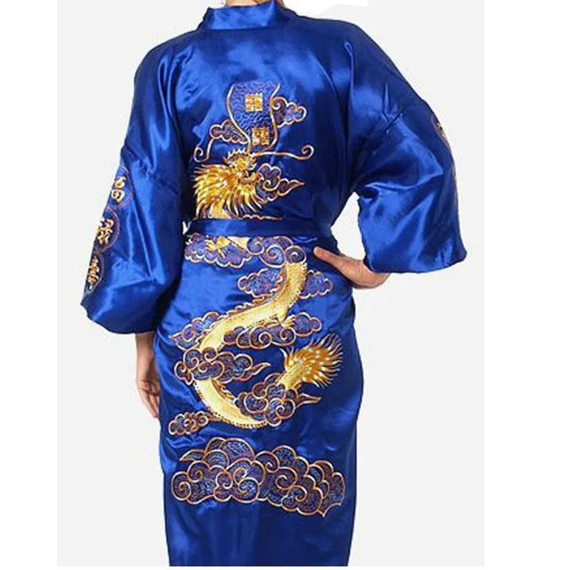 Chinese Dragon Embroidery Satin Silk Kimono Bath Gown for Men