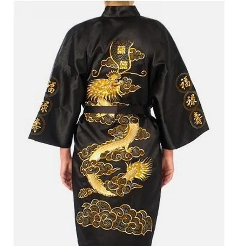 Chinese Dragon Embroidery Satin Silk Kimono Bath Gown for Men