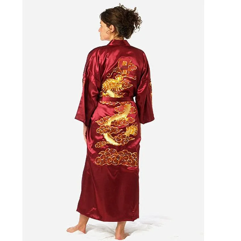 Chinese Dragon Embroidery Satin Silk Kimono Bath Gown for Men