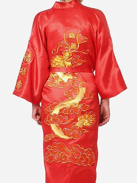 Chinese Dragon Embroidery Satin Silk Kimono Bath Gown for Men