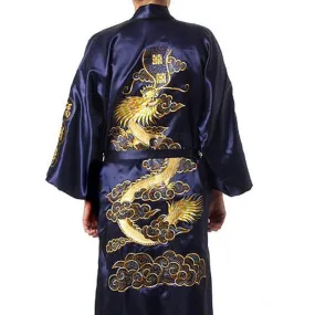 Chinese Dragon Embroidery Satin Silk Kimono Bath Gown for Men