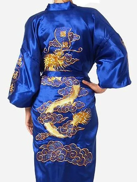 Chinese Dragon Embroidery Satin Silk Kimono Bath Gown for Men