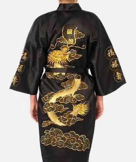 Chinese Dragon Embroidery Satin Silk Kimono Bath Gown for Men