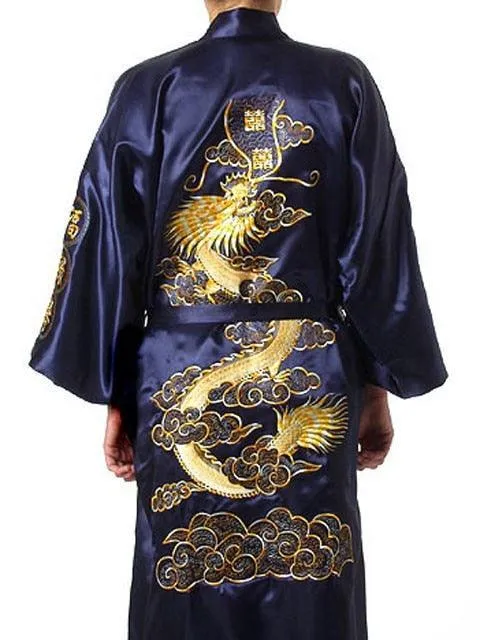 Chinese Dragon Embroidery Satin Silk Kimono Bath Gown for Men