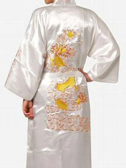 Chinese Dragon Embroidery Satin Silk Kimono Bath Gown for Men