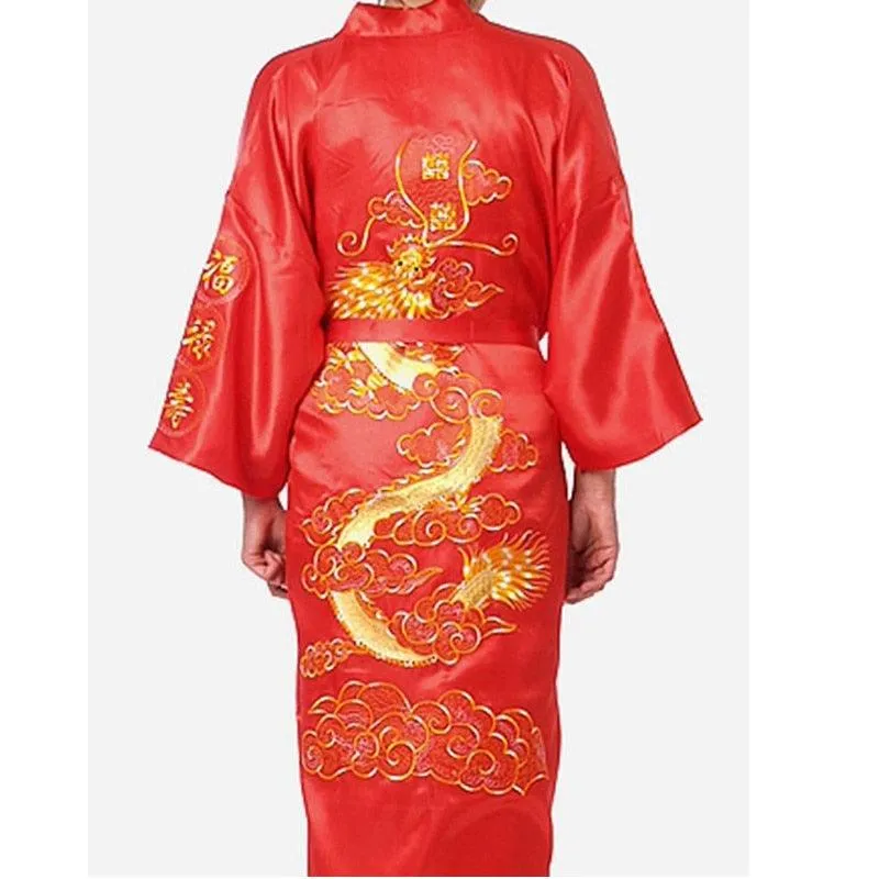 Chinese Dragon Embroidery Satin Silk Kimono Bath Gown for Men