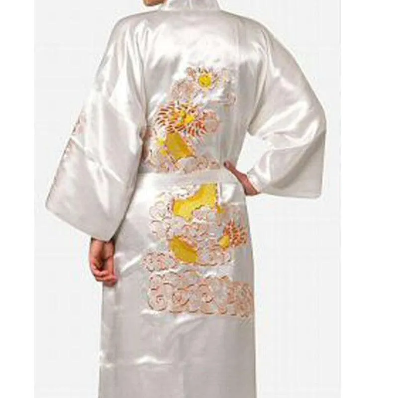 Chinese Dragon Embroidery Satin Silk Kimono Bath Gown for Men