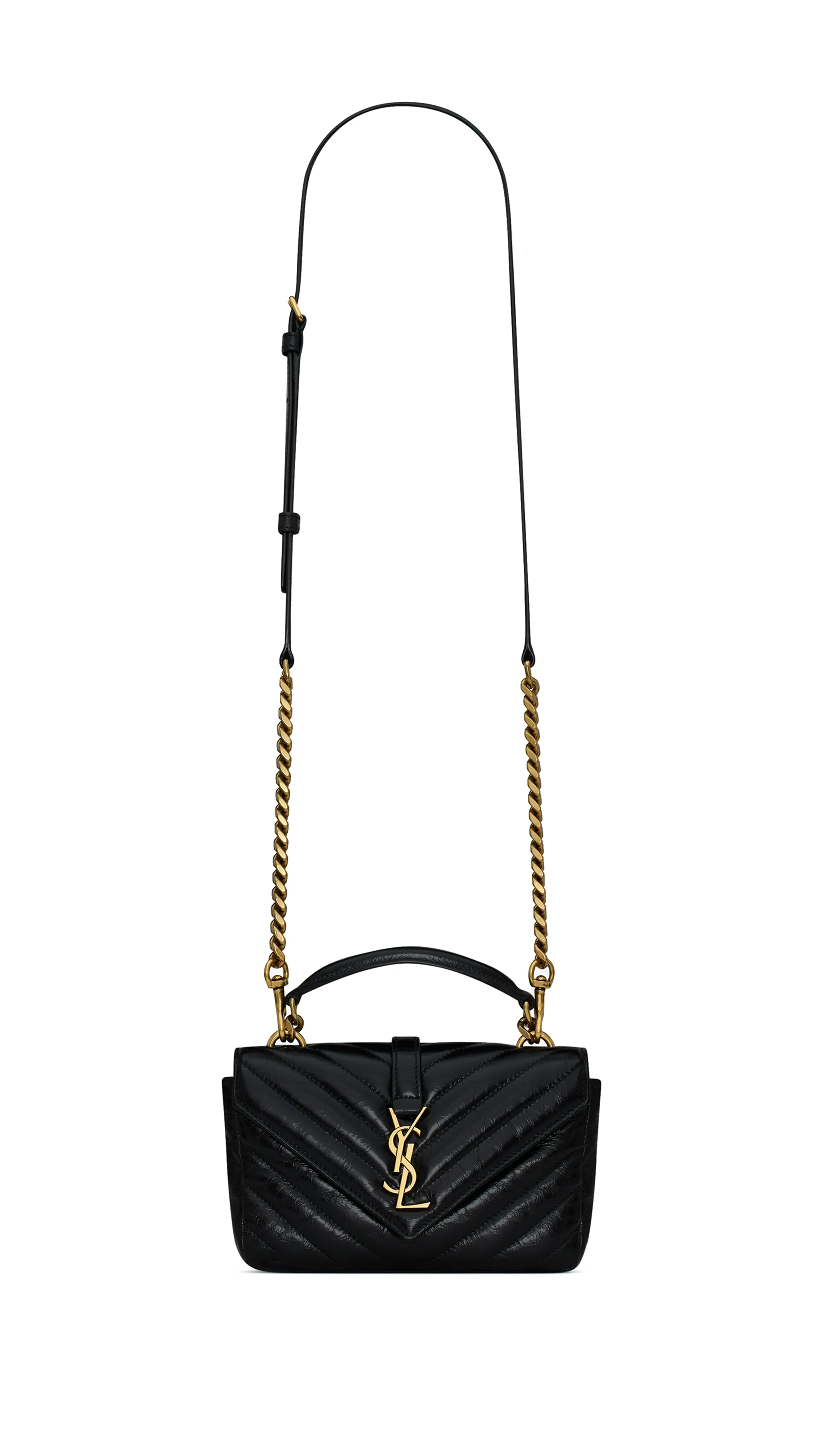 College Mini Chain Bag in Shiny Crackled Leather - Black