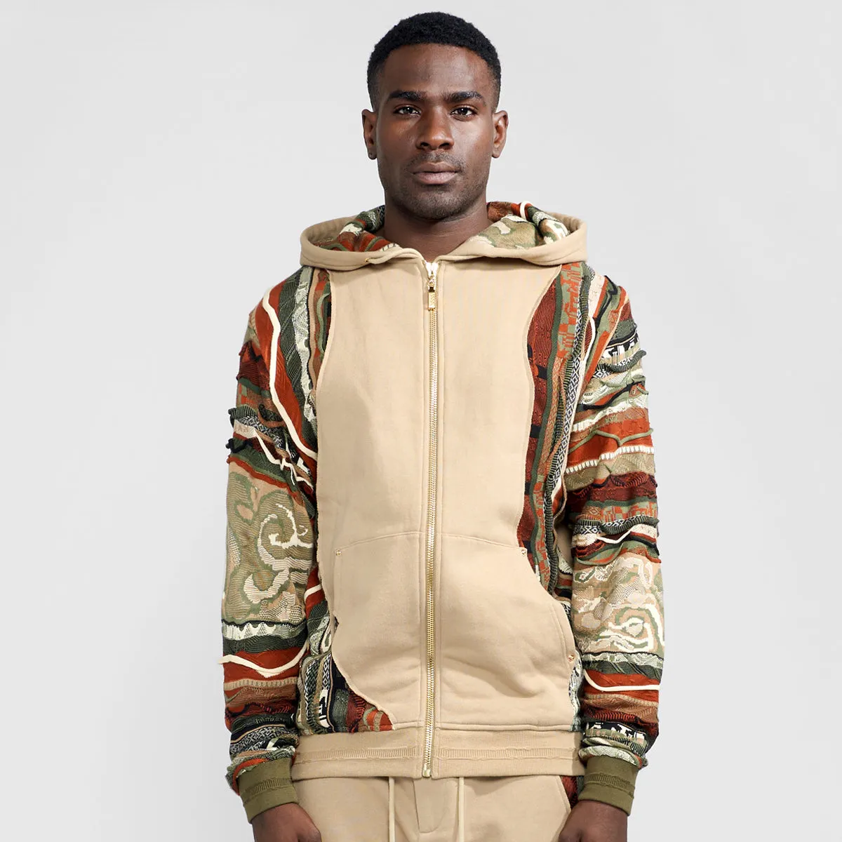 COOGI Sweater Pieced Fleece Zip Hoody - Khaki