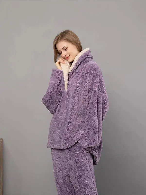 Cozy Women's Plush Fleece Pajama Sets in Gray, Purple & Lace-Up Options