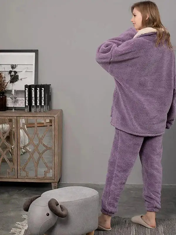 Cozy Women's Plush Fleece Pajama Sets in Gray, Purple & Lace-Up Options