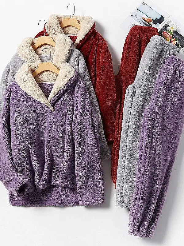 Cozy Women's Plush Fleece Pajama Sets in Gray, Purple & Lace-Up Options