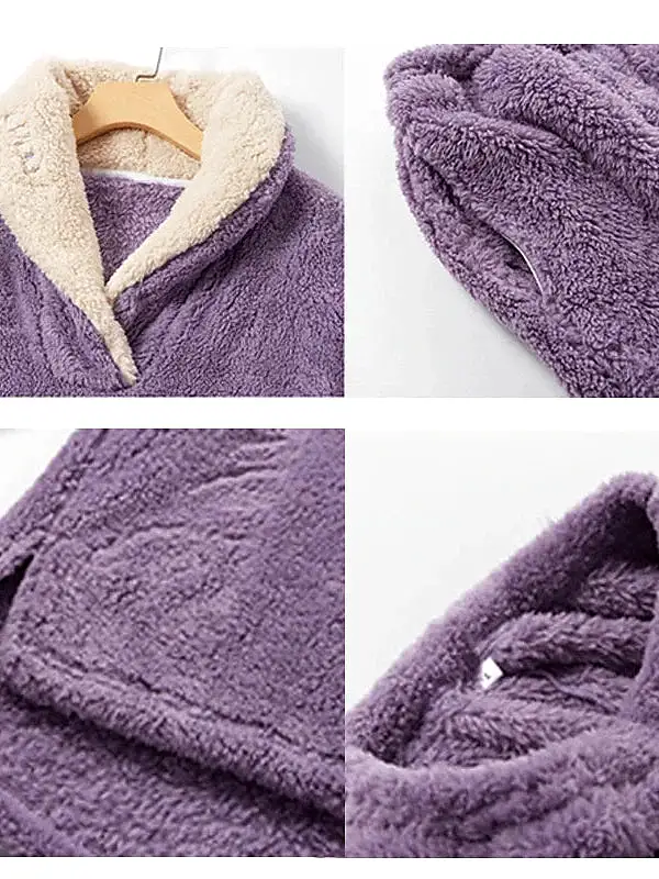 Cozy Women's Plush Fleece Pajama Sets in Gray, Purple & Lace-Up Options