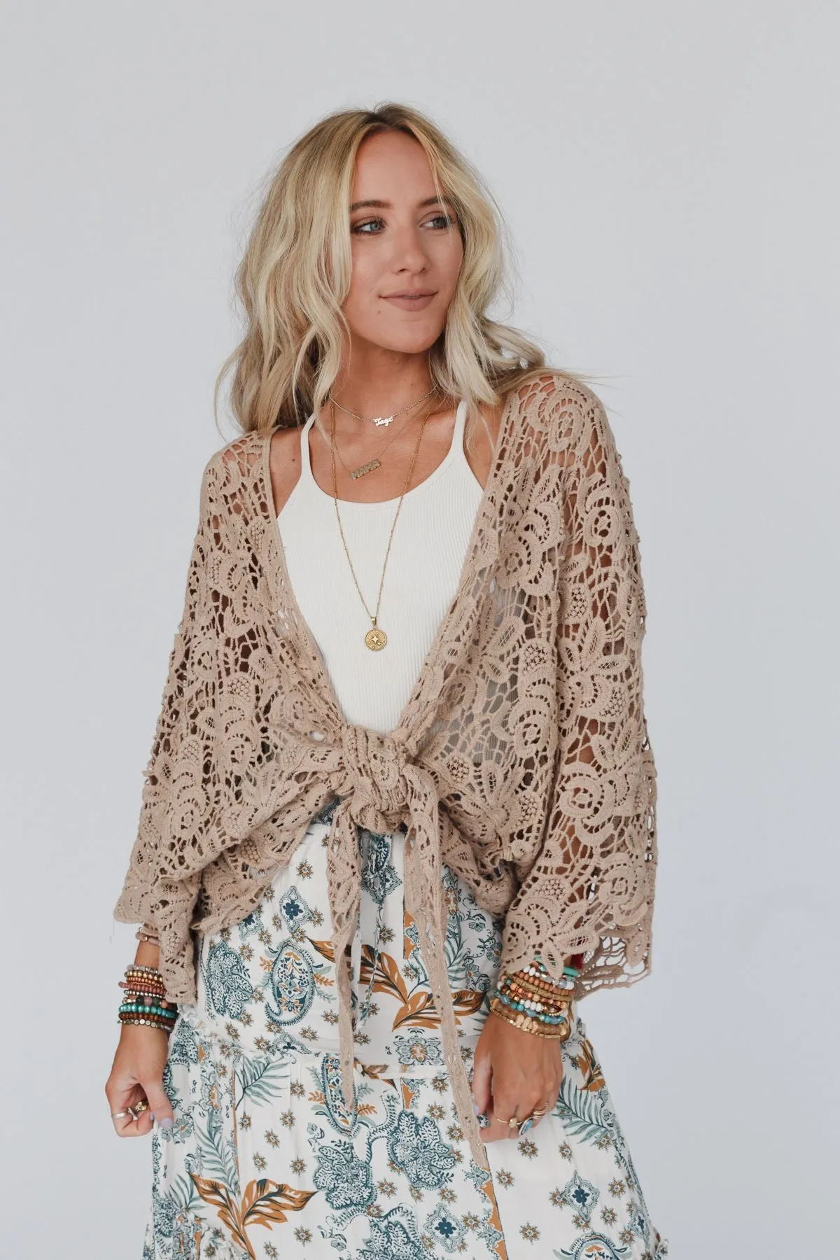 Crochet Petal Kimono Wrap - Mocha