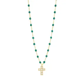 Cross Charm Classic Gigi Emerald diamond necklace, Yellow Gold, 16.5