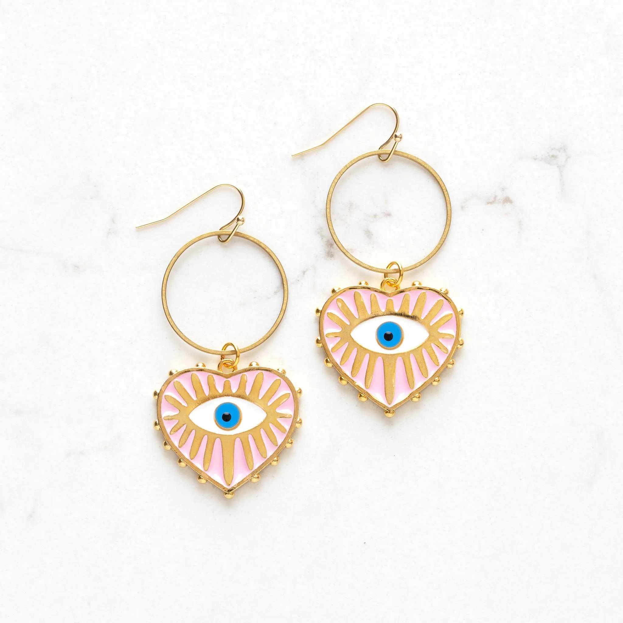 Enamel Evil Eye Heart and Circle Dangle Earrings