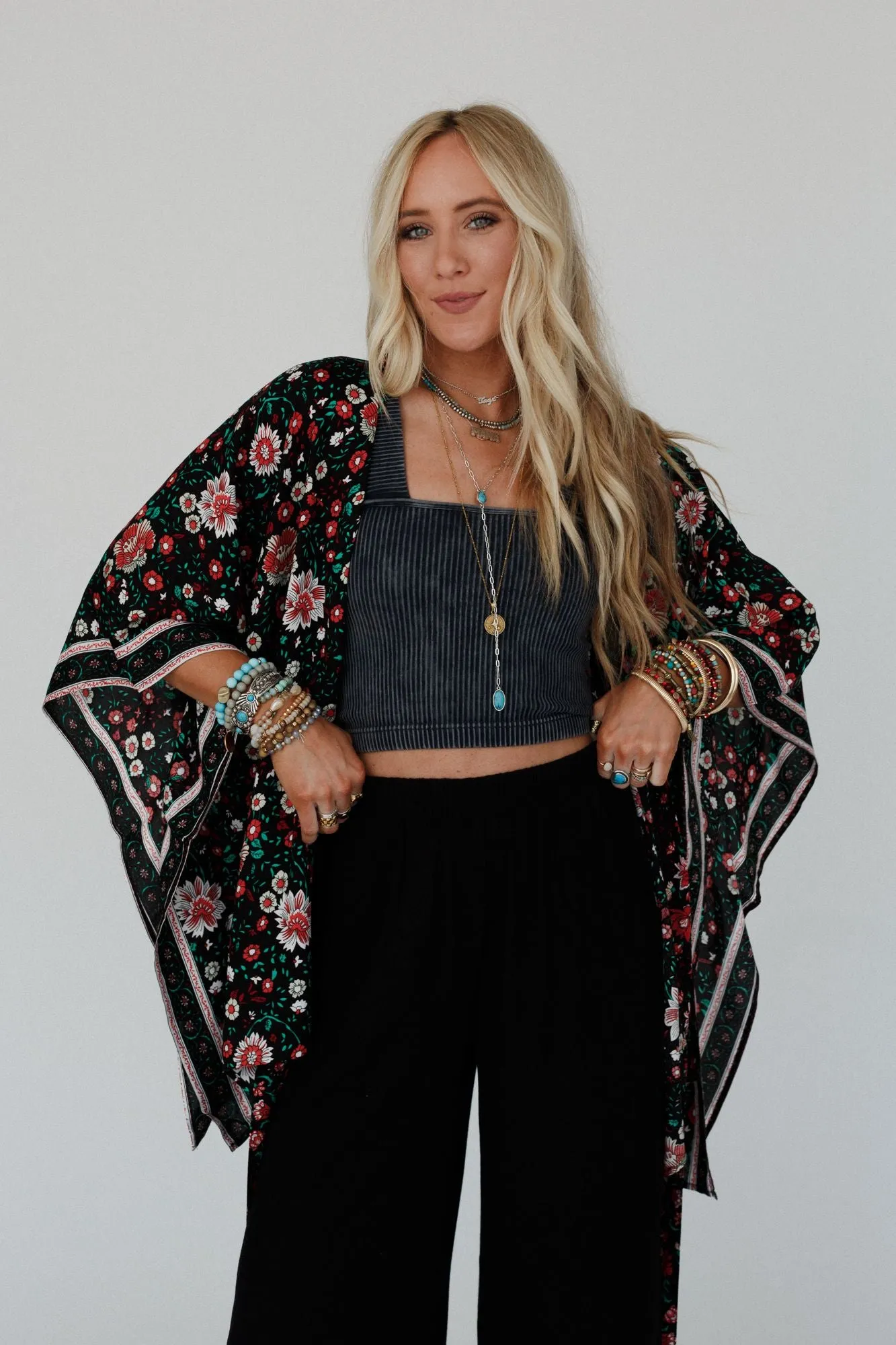 Flower Daze Front Tie Kimono - Black