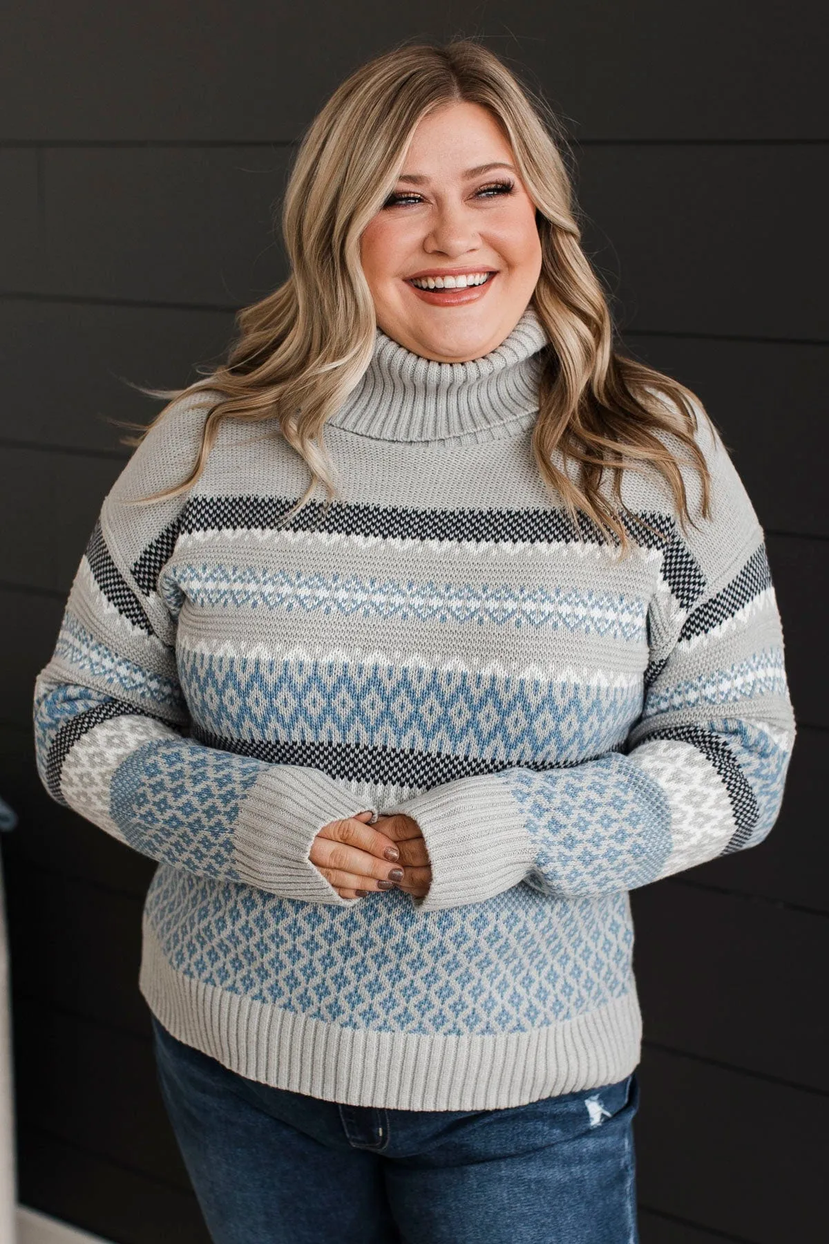 Forever Festive Turtle Neck Sweater- Grey & Blue