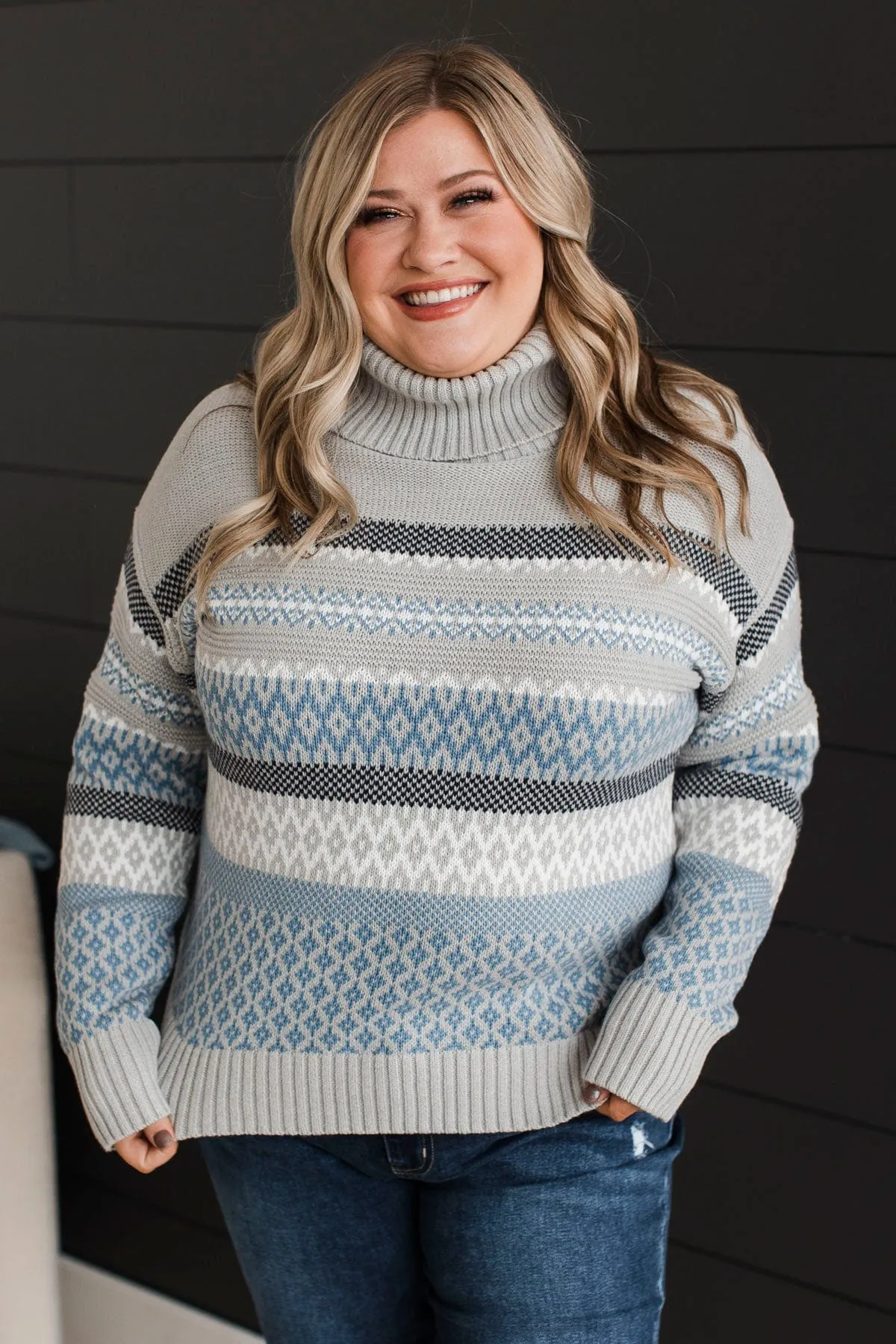 Forever Festive Turtle Neck Sweater- Grey & Blue