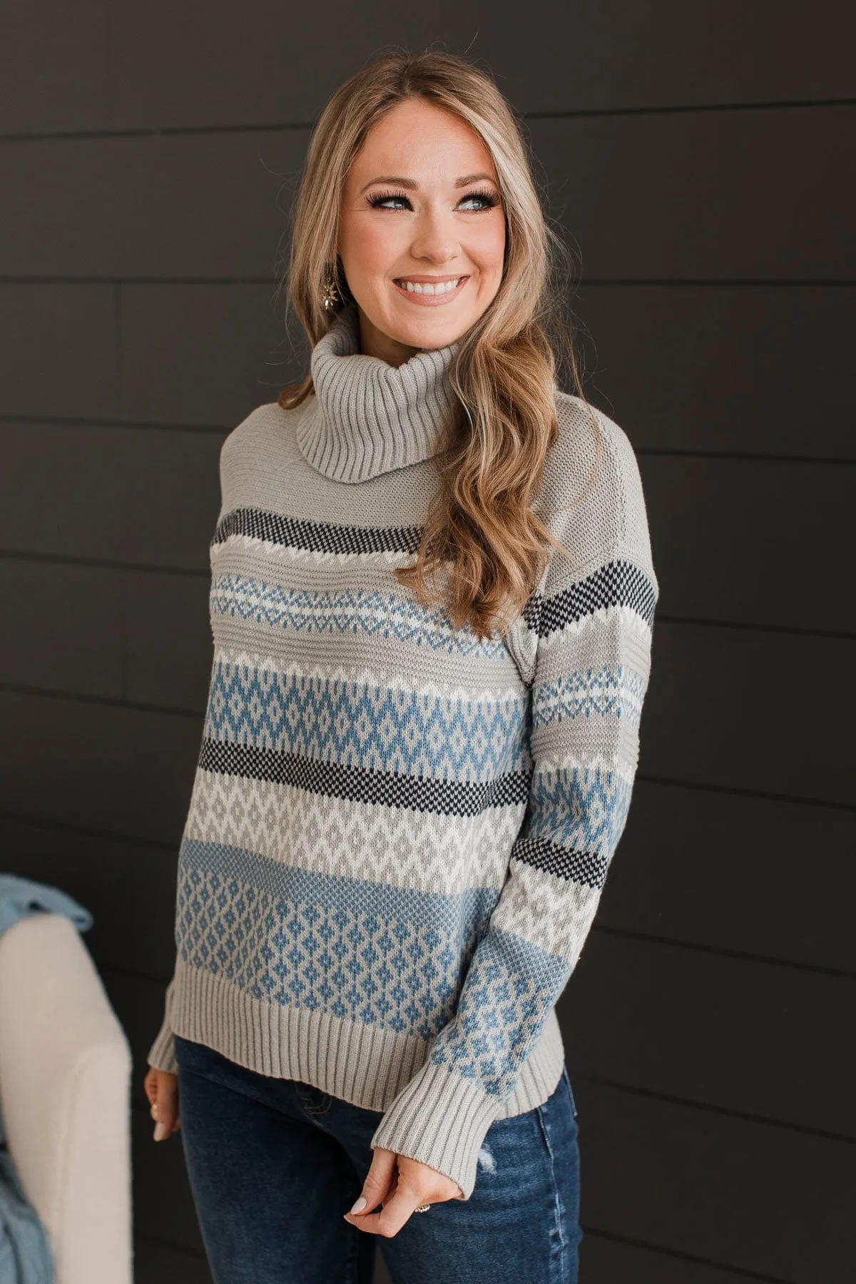 Forever Festive Turtle Neck Sweater- Grey & Blue