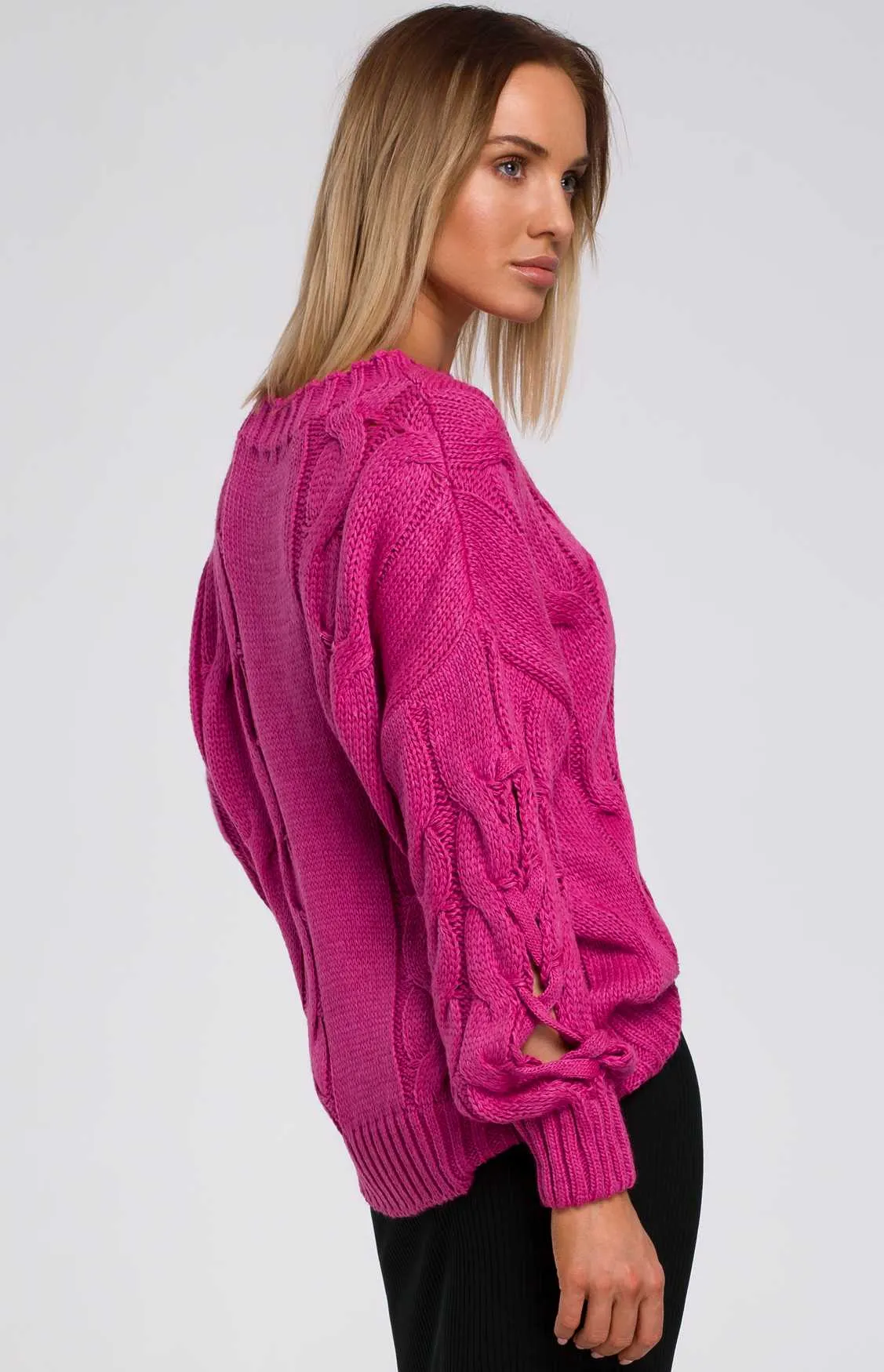 Fuchsia pink spilt sleeves cable knit sweater