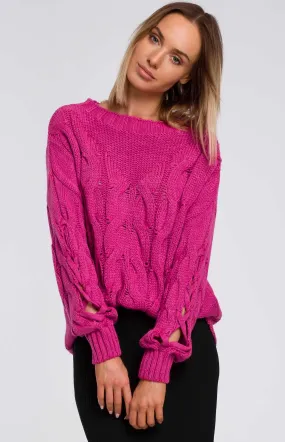 Fuchsia pink spilt sleeves cable knit sweater