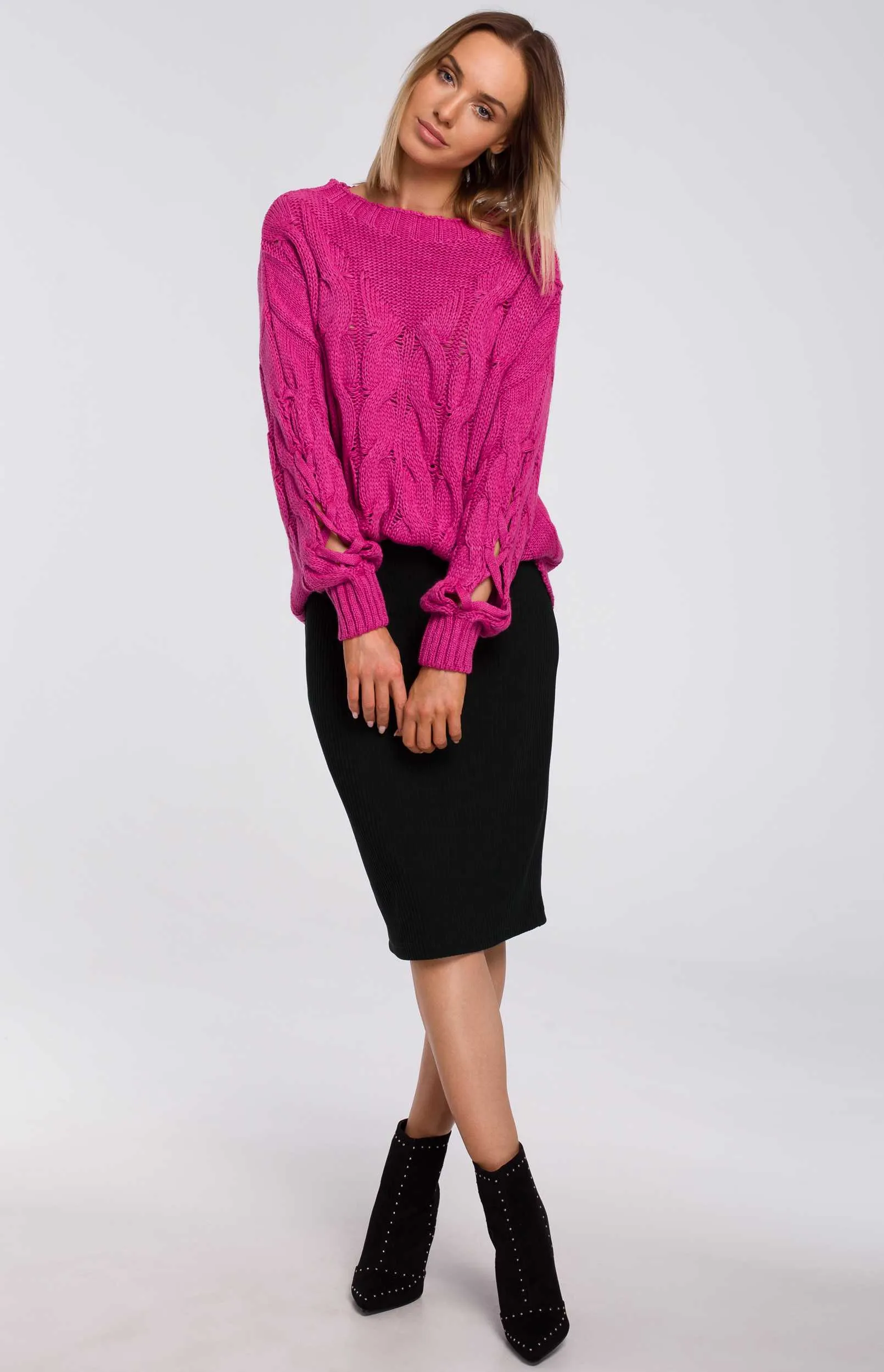 Fuchsia pink spilt sleeves cable knit sweater