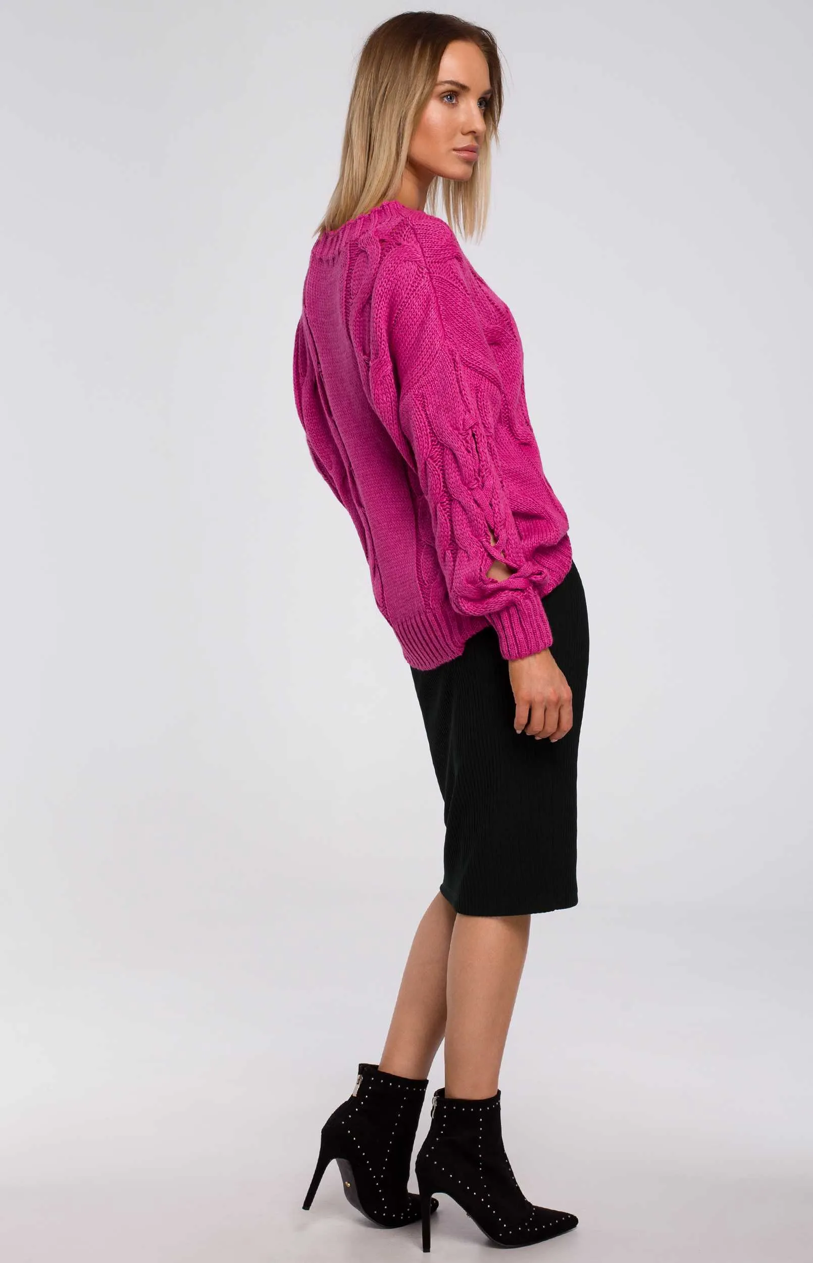 Fuchsia pink spilt sleeves cable knit sweater