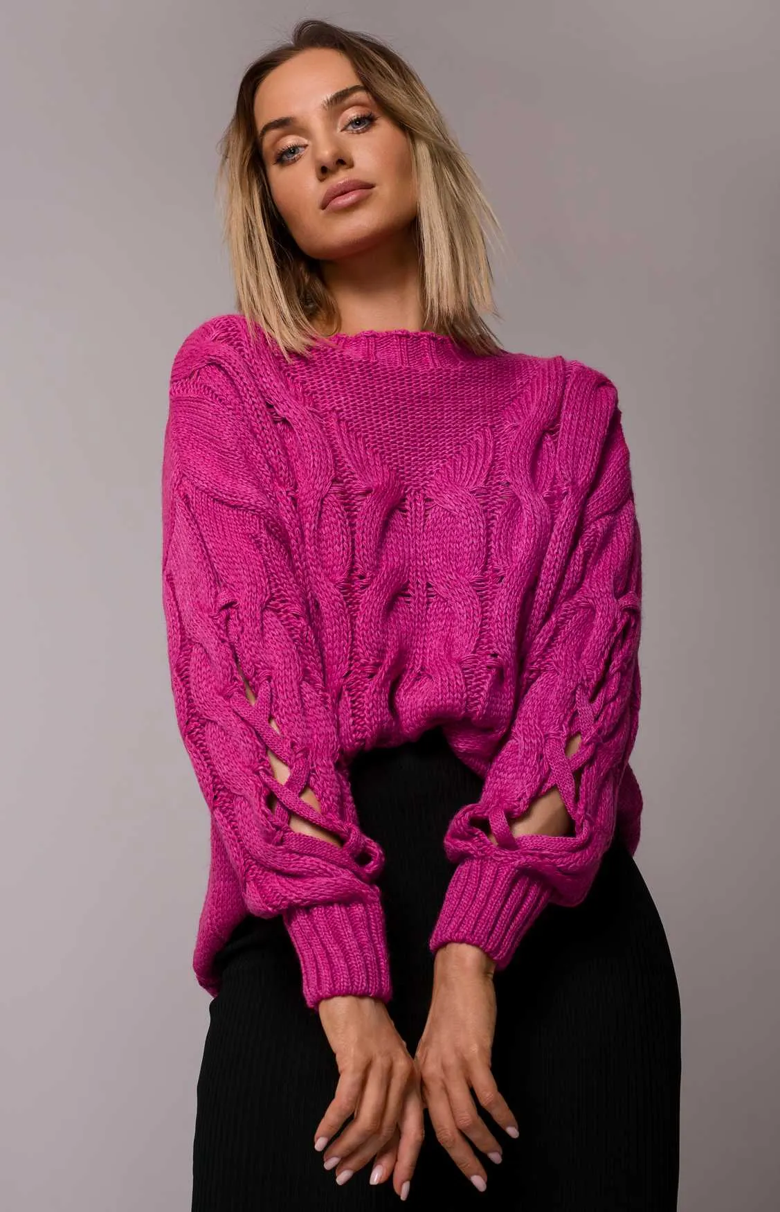 Fuchsia pink spilt sleeves cable knit sweater