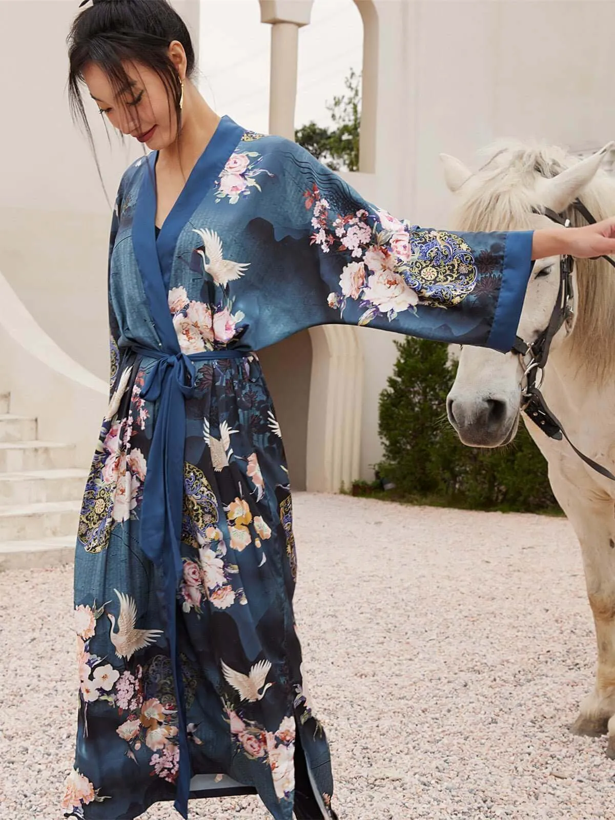 Garden Crane Blue Kimono Robe