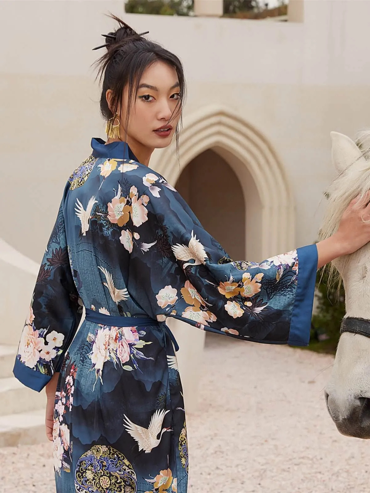 Garden Crane Blue Kimono Robe