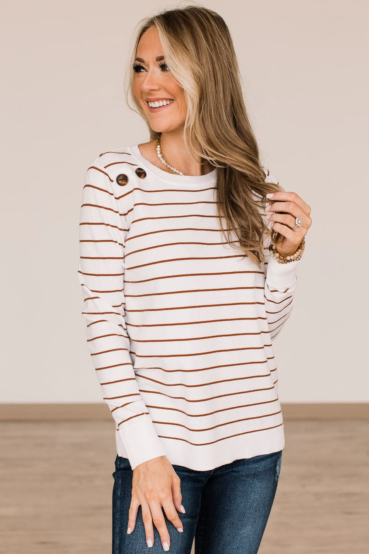 Grateful For You Striped Sweater- White & Copper