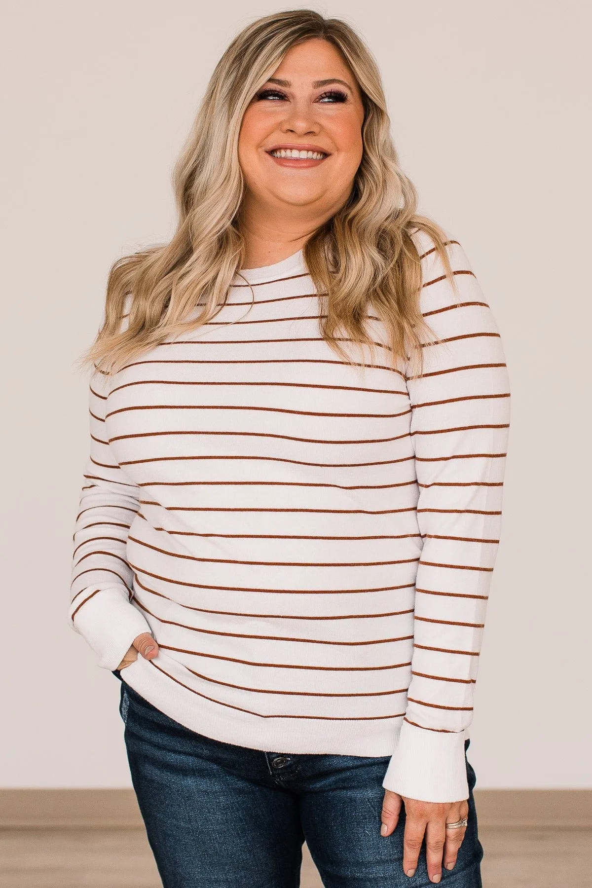 Grateful For You Striped Sweater- White & Copper