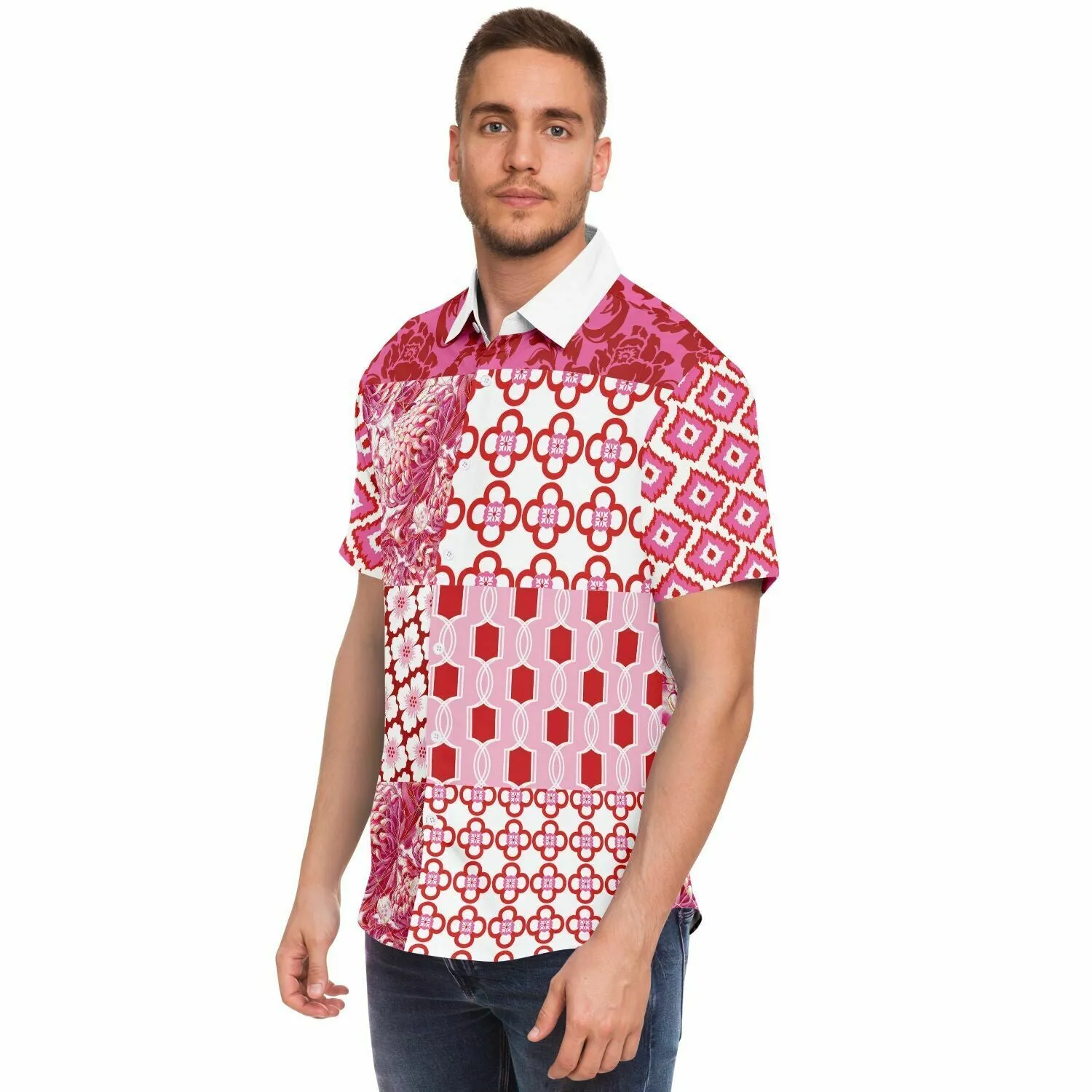 Gypsy Beat Pink Patchwork Short Sleeve Button Down Shirt