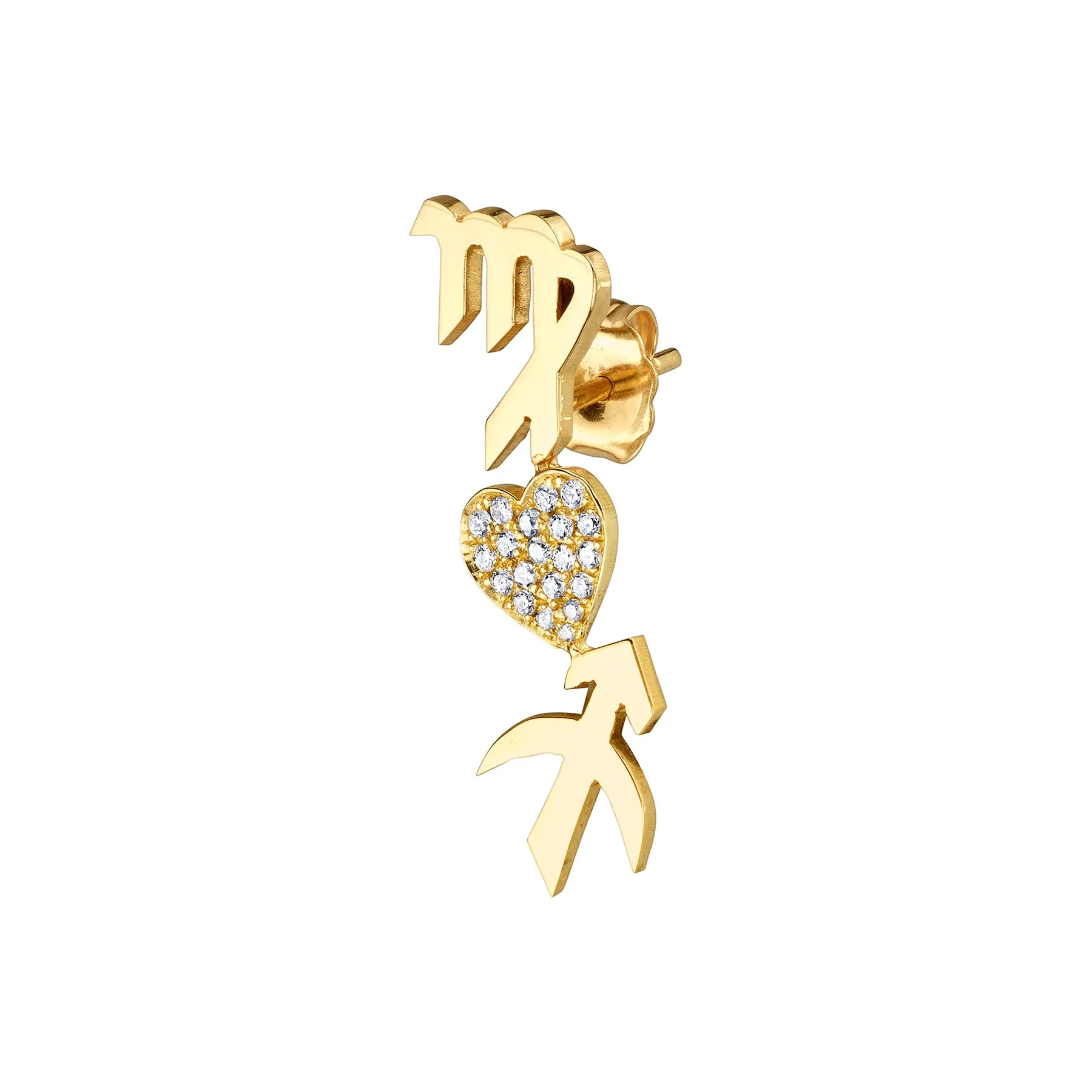 Heart and Zodiac Earring - White Diamond / 14k Yellow Gold