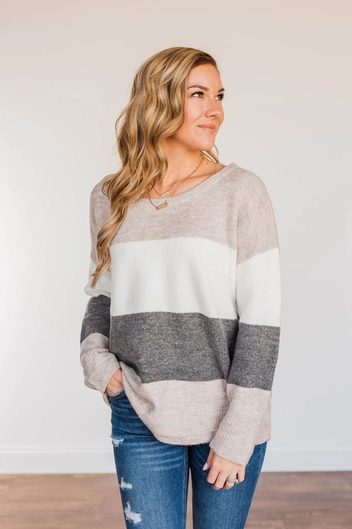 Inspirational Sights Color Block Sweater- Beige & Charcoal