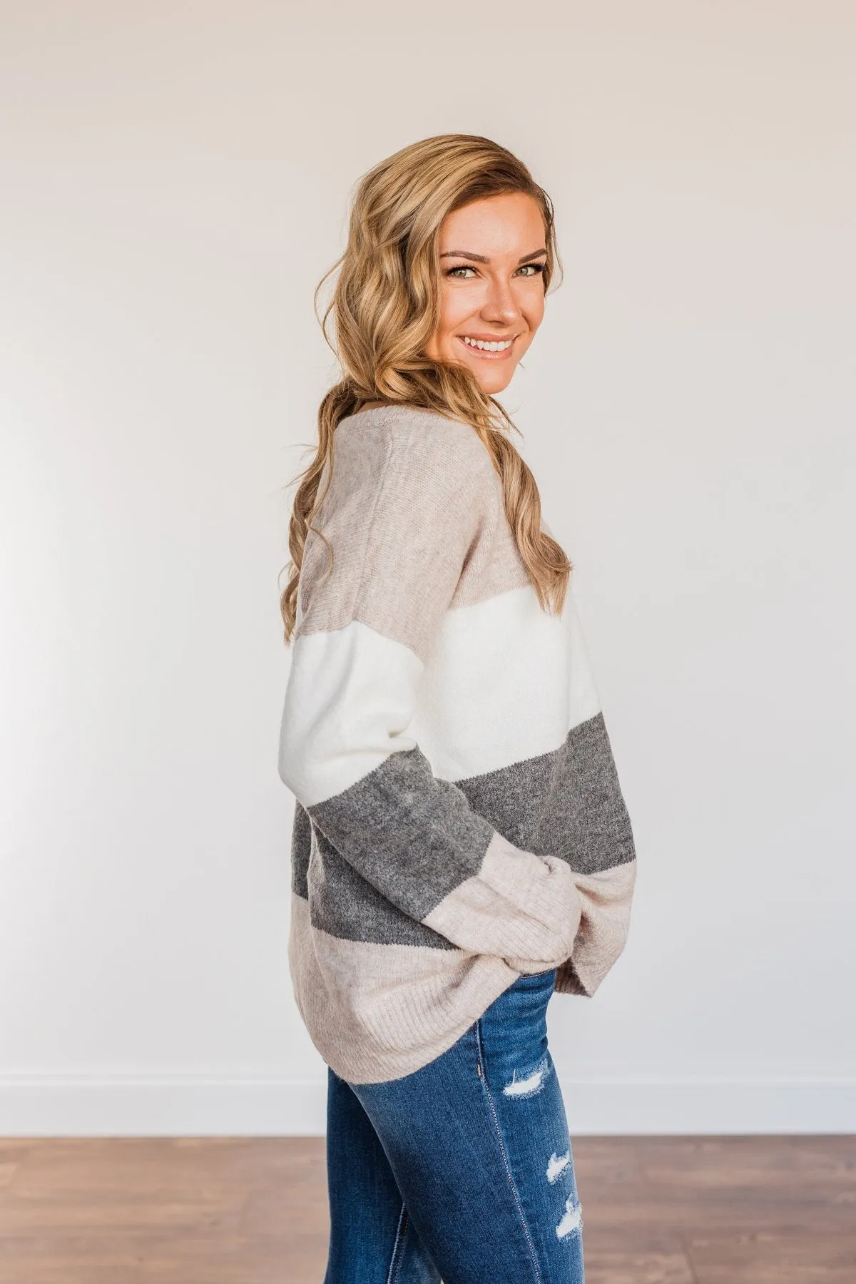 Inspirational Sights Color Block Sweater- Beige & Charcoal