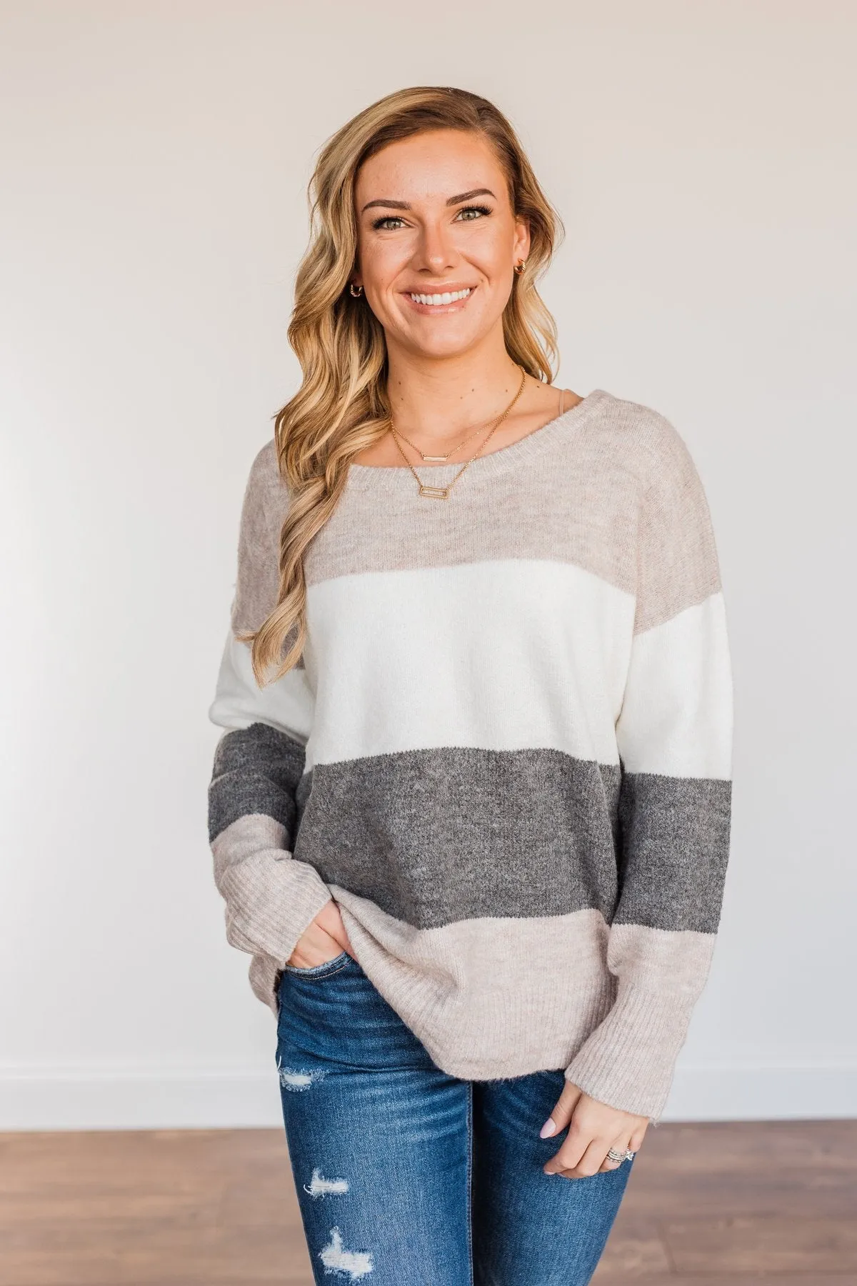 Inspirational Sights Color Block Sweater- Beige & Charcoal