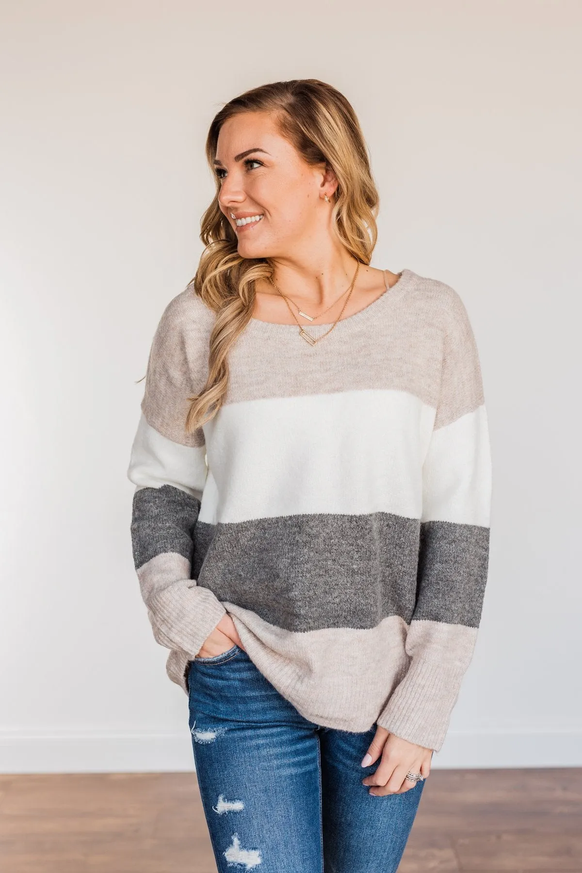 Inspirational Sights Color Block Sweater- Beige & Charcoal