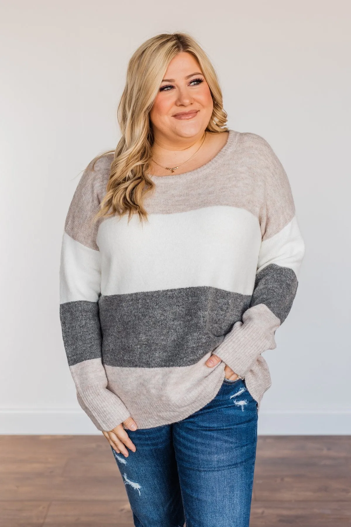 Inspirational Sights Color Block Sweater- Beige & Charcoal